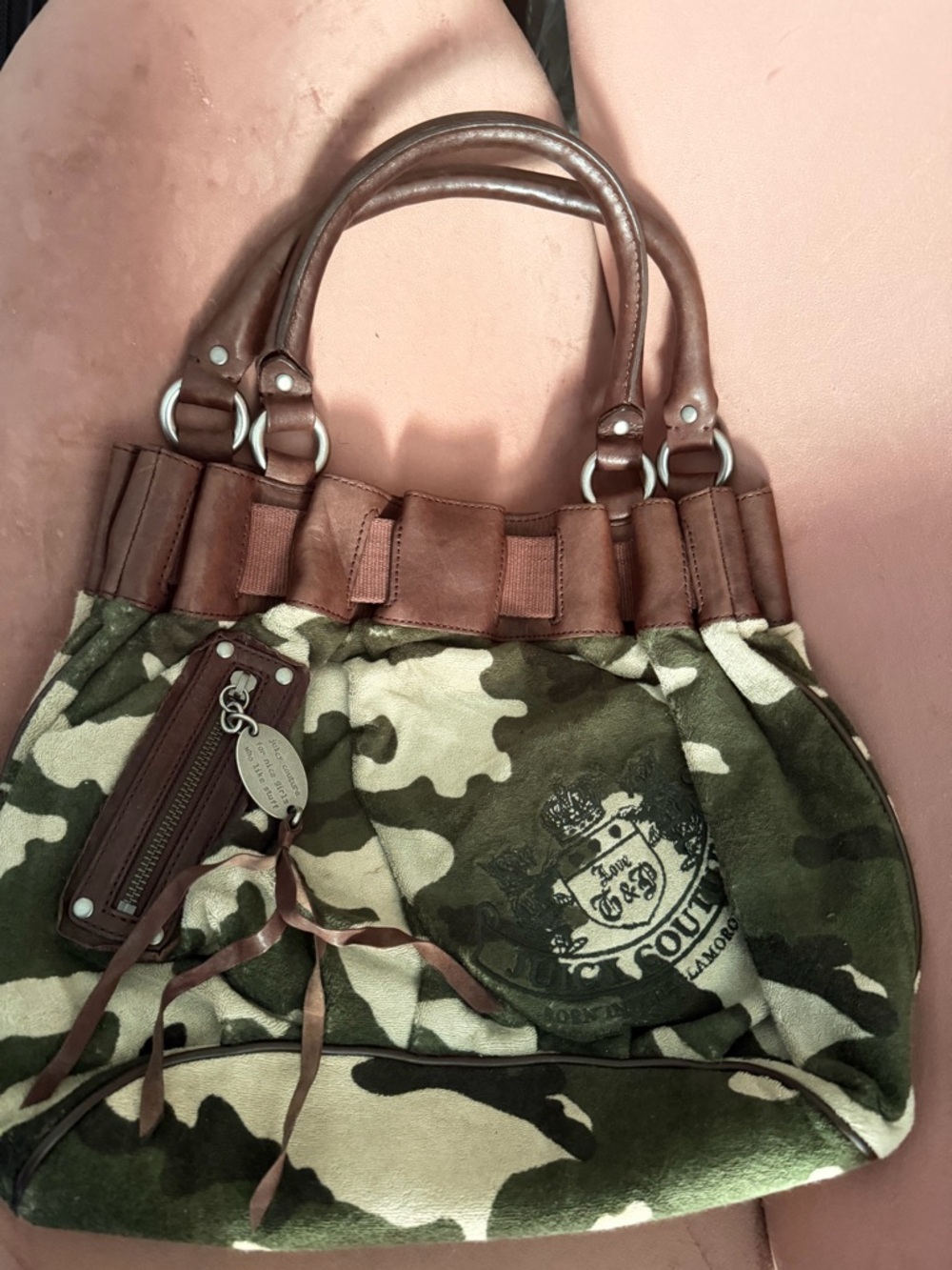Juicy Couture Green Camo Tote with Brown Leather Trim